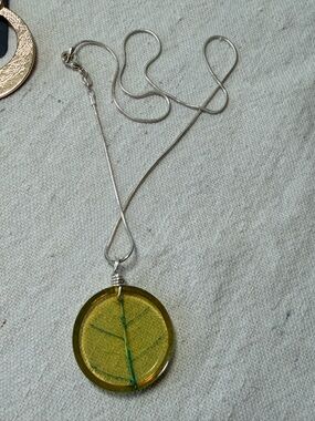 Handmade Green Leaf Pendant Necklace - Silver Chain